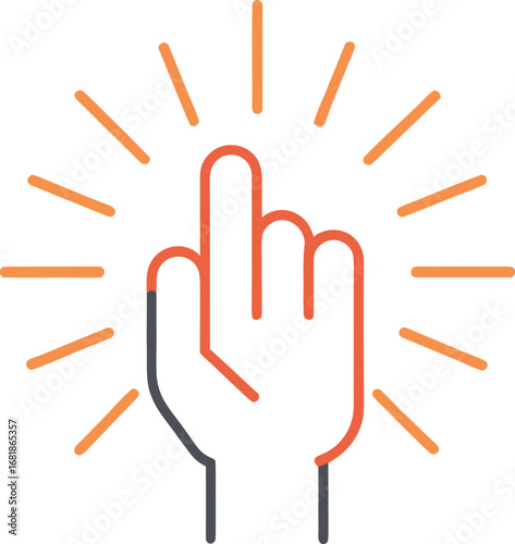Vector line art hand icon pointing upward with radiant rays stylized illustration transparent background