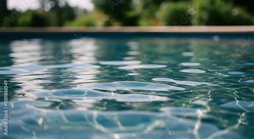 Cool blue water with rippling surface, reflecting the sunlight creating a sense of serenity. This image captures the essence of a perfect sunny day by the pool.