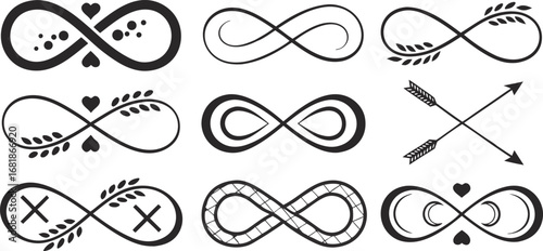 Infinity symbols collection, for logo design, branding, mathematical representation. Various infinity icon styles, simple to artistic. Endless, eternal, limitless concept