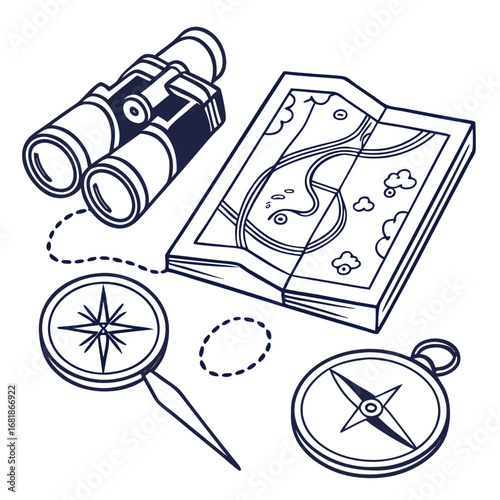Exploration tools including binoculars, map, and compass in outline style  