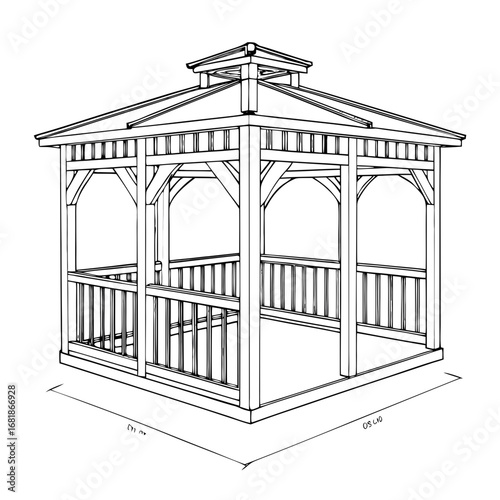 Architectural blueprint of a wooden gazebo with detailed structure  