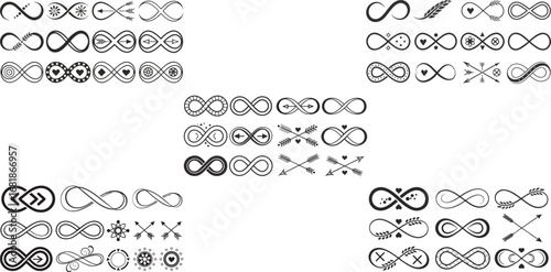 Infinity symbols collection, for logo design, branding, mathematical representation. Various infinity icon styles, simple to artistic. Endless, eternal, limitless concept