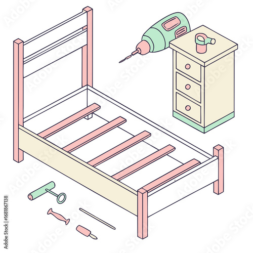 Bed frame construction with tools and nightstand in minimal style  