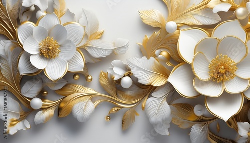 3d wallpaper with white and gold flowers white background