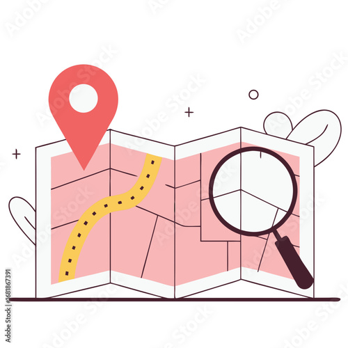 Map illustration with location pin and magnifying glass on white background  
