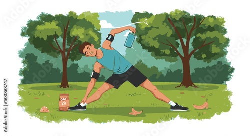 Young man in sportswear performing a yoga stretch and spraying water to cool down in a green park on a sunny day
