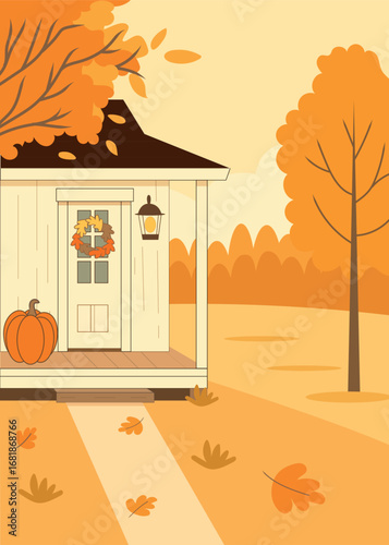 Autumn Farmhouse Porch with Pumpkin