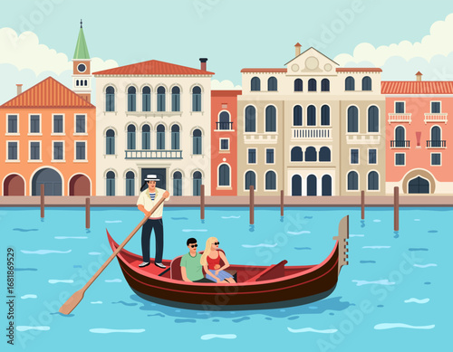 Venice architecture with gondola on water. Young couple sailing along the Grand Canal on a gondola.