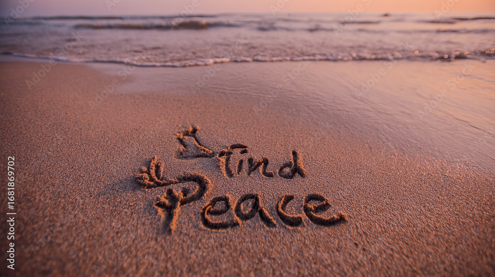 Fototapeta premium Find Peace Message Written on Sand with Calm Symbol