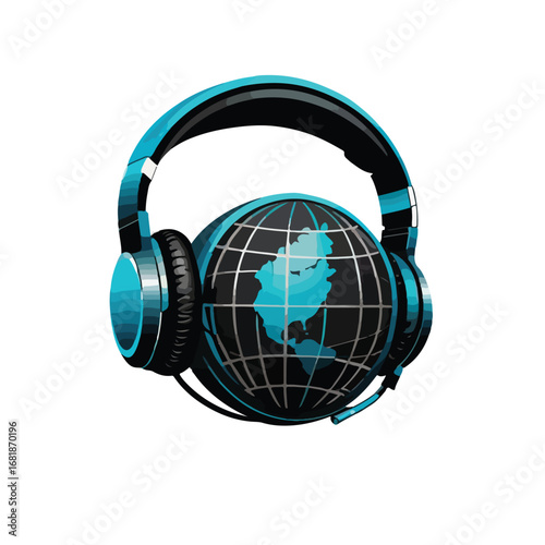 Stylized Headphones Enclosing a Globe Depicting World Map Modern Design.