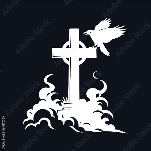 A spiritual depiction of the crucifixion of Christ, a holy silhouette of the cross against a blue sky, an icon of hope and Christian faith