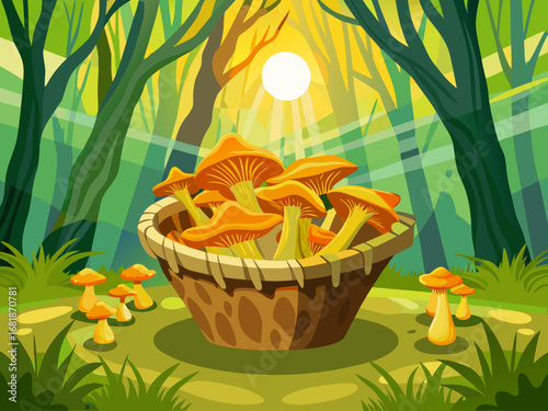 Vibrant basket filled with freshly harvested mushrooms sits in a sunlit forest, surrounded by lush greenery and soft light, embodying the essence of fall vibes and nature's bounty