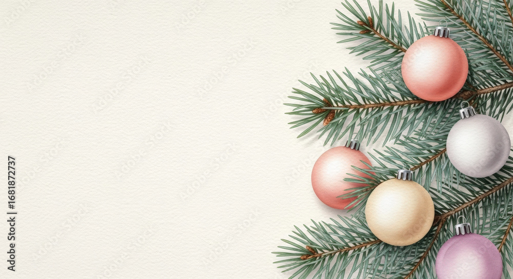 Fototapeta premium New Year 2026 celebration decorations with pastel colored ornaments on evergreen branches