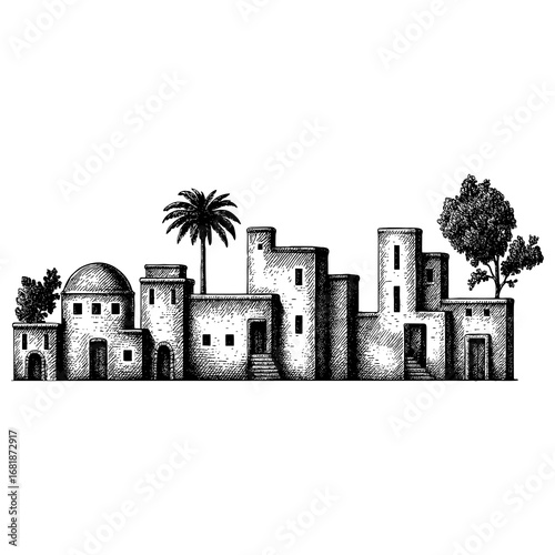 The Holy Land - a panoramic sunset view of the ancient biblical city of Bethlehem or Nazareth with traditional stone architecture, palm trees, and a historic atmosphere.