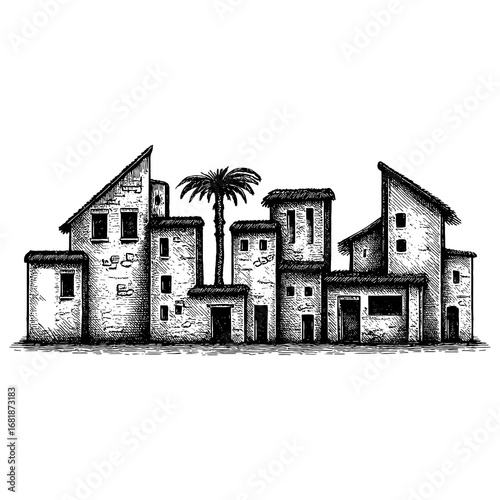 The Holy Land - a panoramic sunset view of the ancient biblical city of Bethlehem or Nazareth with traditional stone architecture, palm trees, and a historic atmosphere.