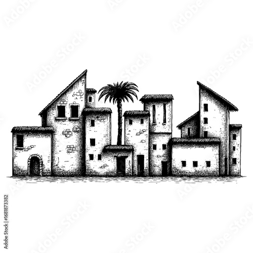 The Holy Land - a panoramic sunset view of the ancient biblical city of Bethlehem or Nazareth with traditional stone architecture, palm trees, and a historic atmosphere.