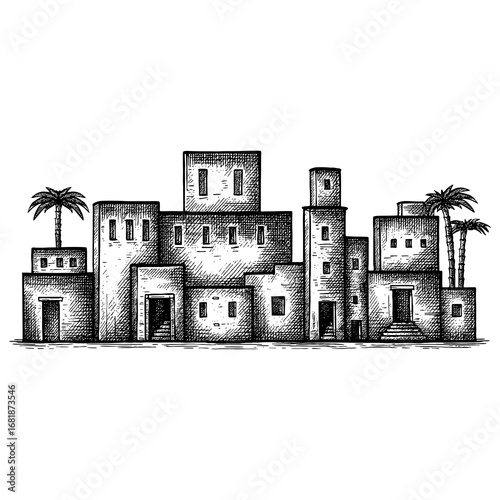 The Holy Land - a panoramic sunset view of the ancient biblical city of Bethlehem or Nazareth with traditional stone architecture, palm trees, and a historic atmosphere.