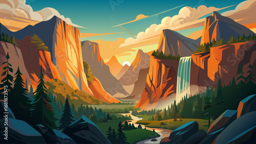 Yosemite Valley, USA, presents towering granite cliffs, waterfalls, and dramatic horizons glowing under a setting sun. Layered perspectives enhance scale; semi-realistic flat vector capturing natural 