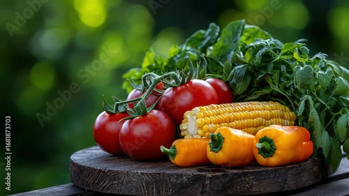 Freshly picked tomatoes, vibrant yellow corn, and sweet peppers are arranged on a rustic wooden board. The scene captures the beauty of nature in a lush green garden background.