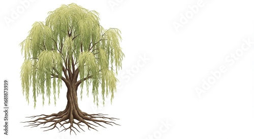Detailed illustration of a willow tree with its roots and branches.
