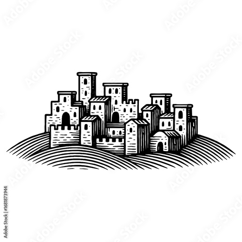 The Holy Land - a panoramic sunset view of the ancient biblical city of Bethlehem or Nazareth with traditional stone architecture, palm trees, and a historic atmosphere.