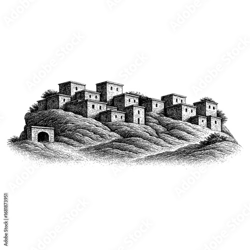 The Holy Land - a panoramic sunset view of the ancient biblical city of Bethlehem or Nazareth with traditional stone architecture, palm trees, and a historic atmosphere.