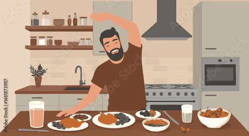 Full and happy bearded man relaxing and stretching at the dinner table after a hearty home-cooked feast