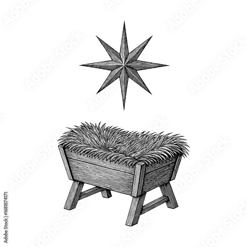 A symbol of hope - empty wooden manger in a stable, illuminated by the mystical light of the Star of Bethlehem, representing anticipation and the miracle of Christmas.