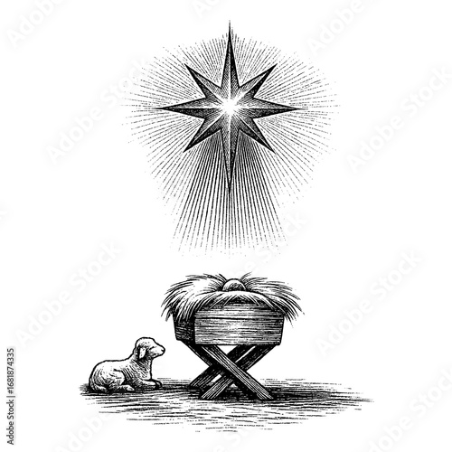 The Christmas miracle - newborn baby Jesus, the Messiah and King, sleeping peacefully in a humble manger filled with hay, symbolizing the birth of the Savior.