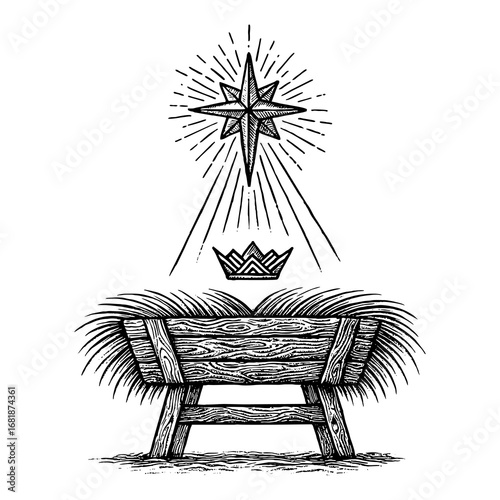 A symbol of hope - empty wooden manger in a stable, illuminated by the mystical light of the Star of Bethlehem, representing anticipation and the miracle of Christmas.