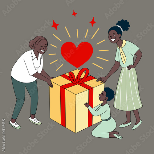 Two women and a girl joyfully presenting a large gift box adorned with a red ribbon, symbolizing kindness and generosity for International Day of Charity with copy space