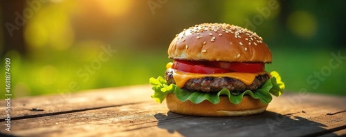 Juicy cheeseburger on a rustic wooden picnic table, bathed in golden sunlight Perfect for summer, BBQ, and outdoor dining themes Enjoy the simple pleasures of a classic meal in nature , leaves, bun