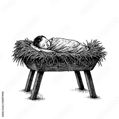 The Christmas miracle - newborn baby Jesus, the Messiah and King, sleeping peacefully in a humble manger filled with hay, symbolizing the birth of the Savior.