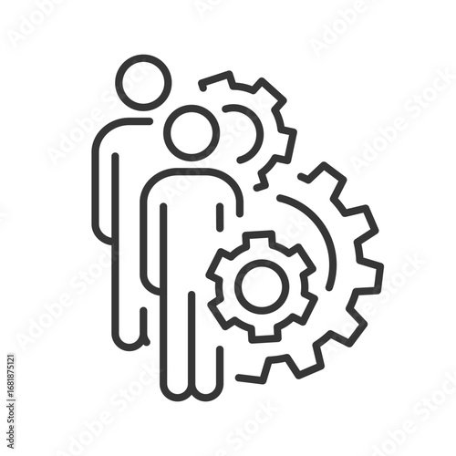 optimization operation icon, simple image, leaders group for process management, fix strategy industry, people with transmission gear wheel, linear vector illustration
