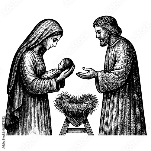 The Holy Night - Virgin Mary and Joseph gazing with love and reverence at the newborn baby Jesus in the manger, illuminated by the divine light of the Star of Bethlehem.