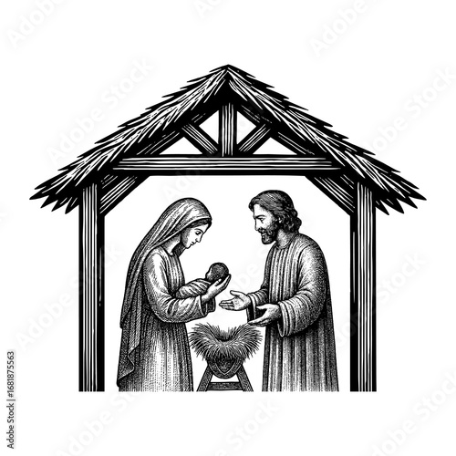 The Holy Night - Virgin Mary and Joseph gazing with love and reverence at the newborn baby Jesus in the manger, illuminated by the divine light of the Star of Bethlehem.