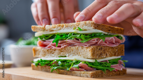 Hands carefully assemble a fresh sandwich with ham, cheese, and arugula on whole grain bread. 
