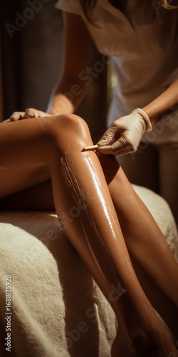 close-up photo, beauty salon environment, beige colors, a woman's leg being waxed with shadows