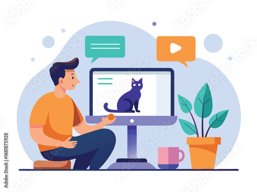 Man watching cat video online on laptop computer surrounded by plants and chat bubbles modern flat design