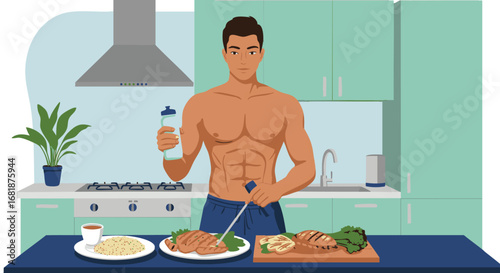Muscular man with six-pack abs preparing a healthy high-protein meal in the kitchen for a fitness lifestyle