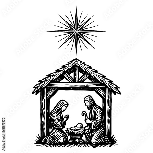 The Holy Night - Virgin Mary and Joseph gazing with love and reverence at the newborn baby Jesus in the manger, illuminated by the divine light of the Star of Bethlehem.