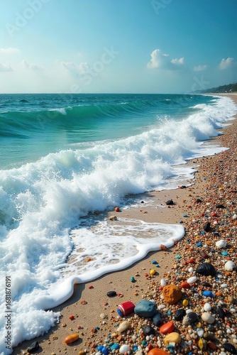 Ocean waves carrying a massive amount of plastic debris and other trash onto a sandy shore, highlighting the devastating impact of pollution on marine ecosystems , change, litter