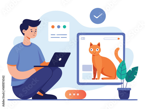 Man uses laptop interacting with adorable orange cat on digital screen
