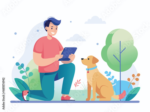 Happy dog owner interacting with their pet in a park setting with colorful foliage and trees