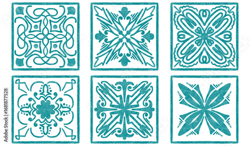 six tiles with blue watercolor patterns