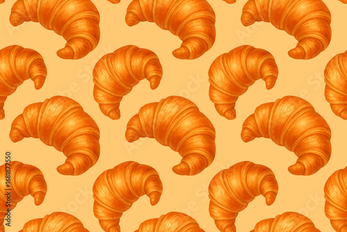 Seamless pattern with fresh croissants on a light background, perfect for bakery packaging, breakfast designs, and cozy food-themed projects.