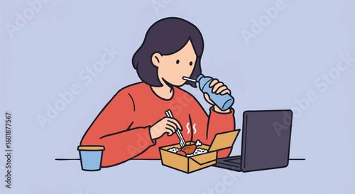 Young woman eating a takeout meal and drinking water at her desk while working on a laptop. Modern vector illustration of a daily routine and busy lifestyle