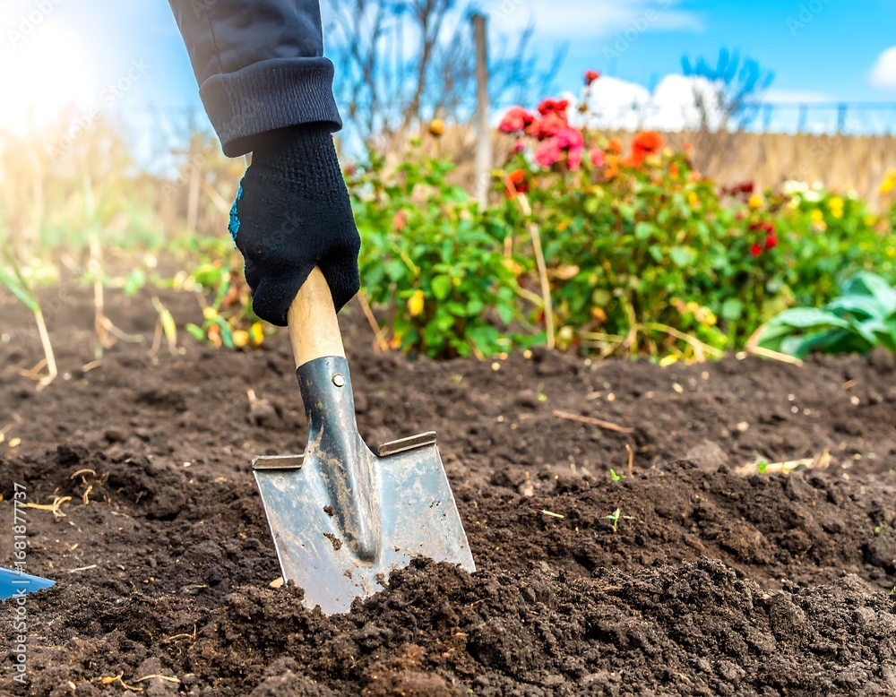Fototapeta premium Person digging in dark rich soil