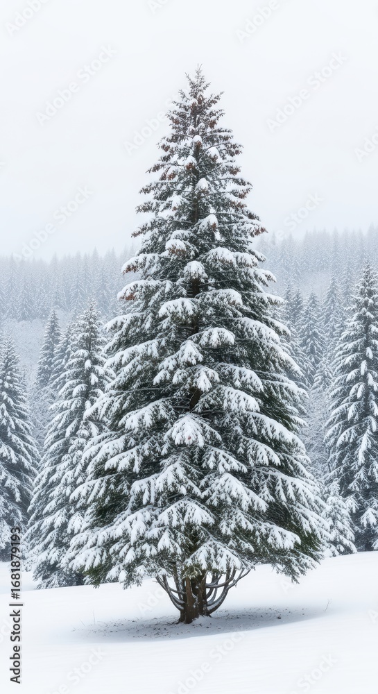 Obraz premium Snow-covered evergreen trees in a misty winter forest landscape