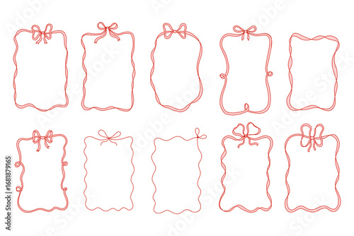 Collection of hand drawn ribbon bow frames in coquette style. Cute decorative borders for cards, invitations, planners, scrapbooking, packaging design, digital projects, and social media